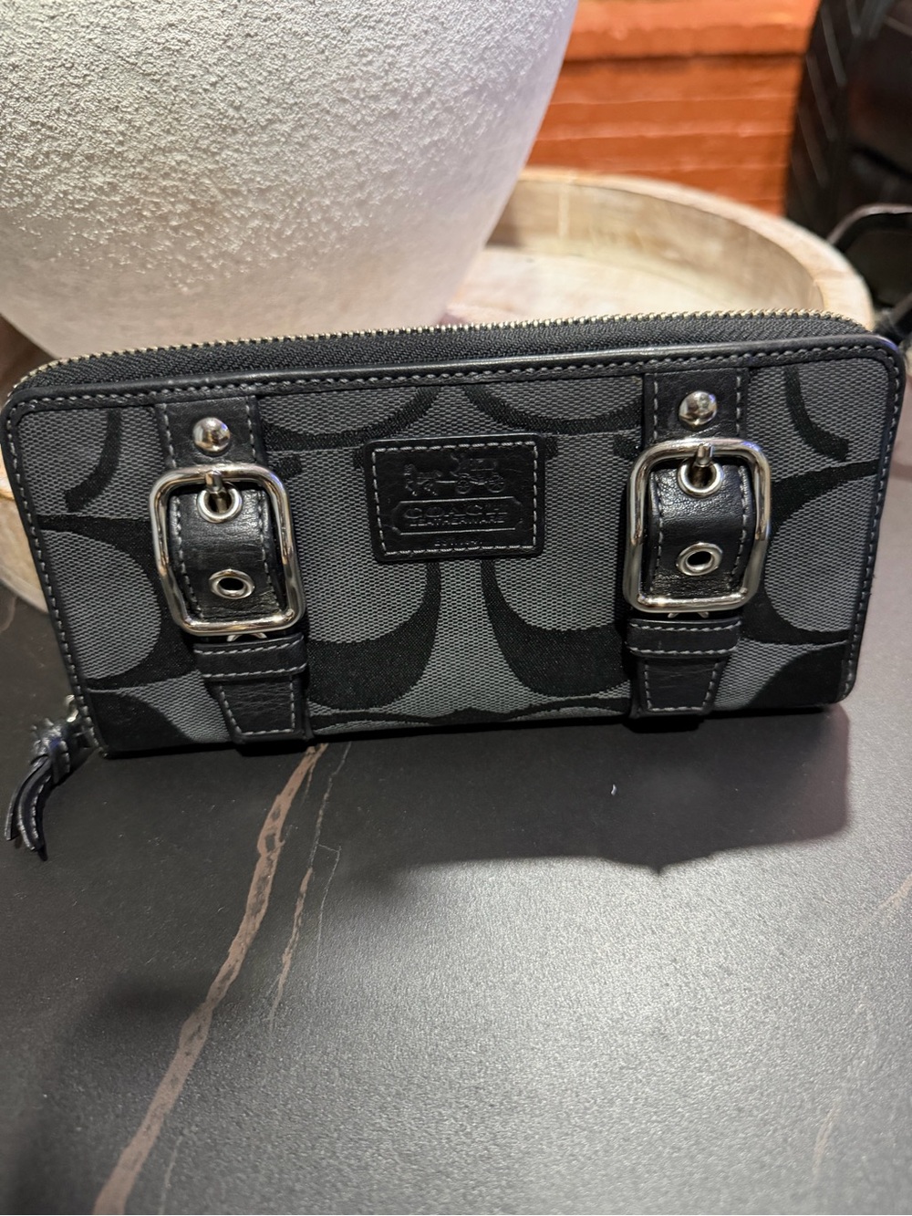 Coach Black and Gray Signature Canvas Zip Wallet with Buckle Detail - Picture 1 of 9